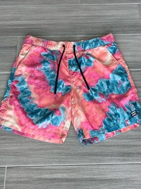 BILLABONG Recycler Tie-Dye Swim Shorts Men’s L Pink Blue Design Black Drawstring